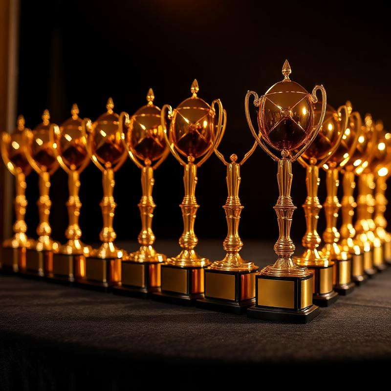 Golden award trophies under spotlight