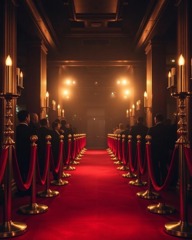 Red carpet arrival with golden stanchions