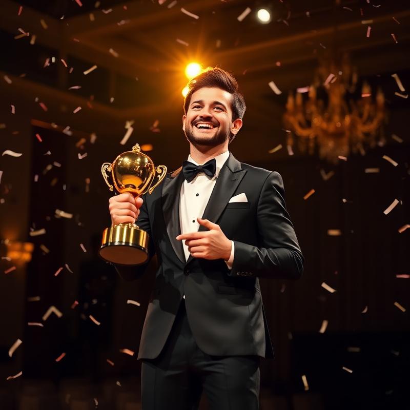 Smiling winner holding a golden trophy